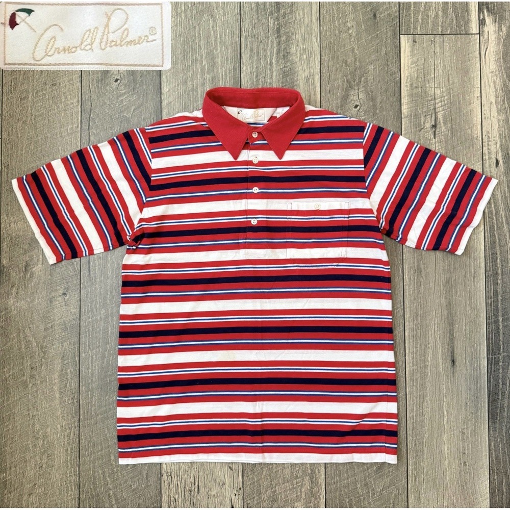Vintage Arnold Palmer Golf Polo Shirt Red White Blue Striped w/ Pocket Mens Sz M